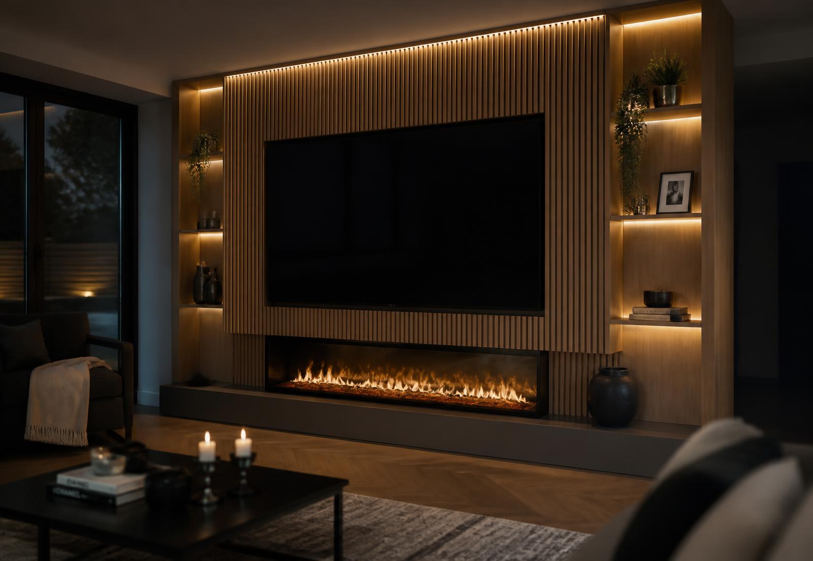 Bespoke fluted oak media wall with an integrated electric fire in a modern living room